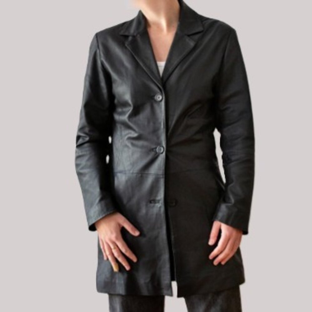 NWOT Avitano Y2K Long Black Leather Jacket Size